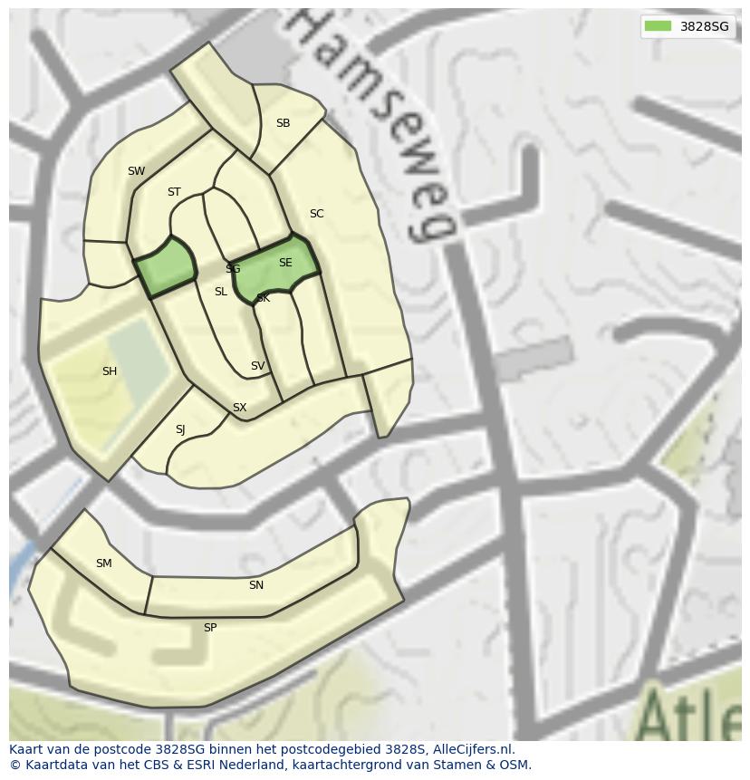 Afbeelding van het postcodegebied 3828 SG op de kaart.