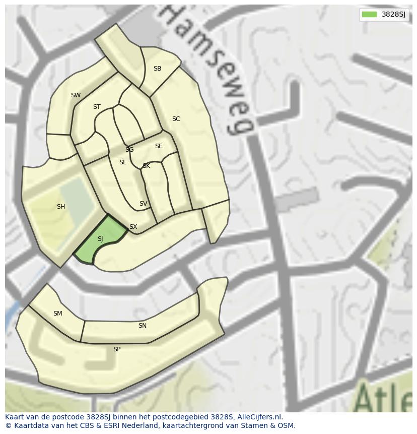 Afbeelding van het postcodegebied 3828 SJ op de kaart.