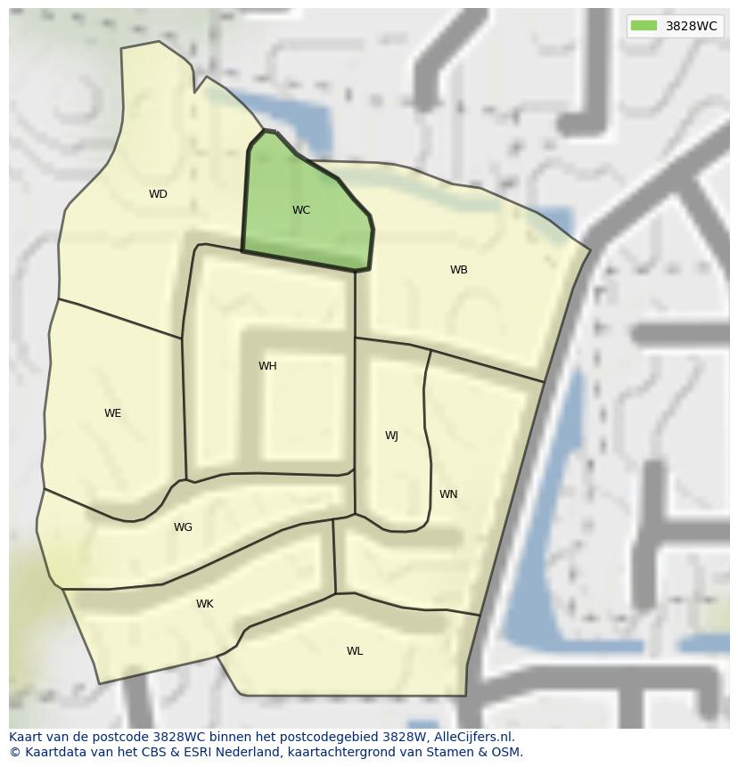 Afbeelding van het postcodegebied 3828 WC op de kaart.