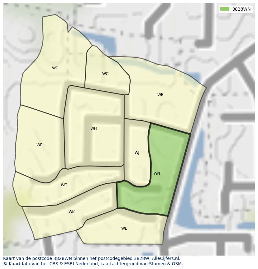 Afbeelding van het postcodegebied 3828 WN op de kaart.