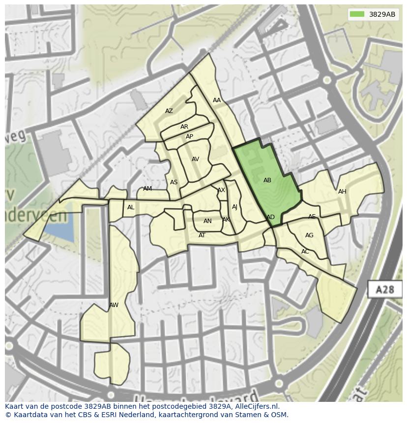 Afbeelding van het postcodegebied 3829 AB op de kaart.