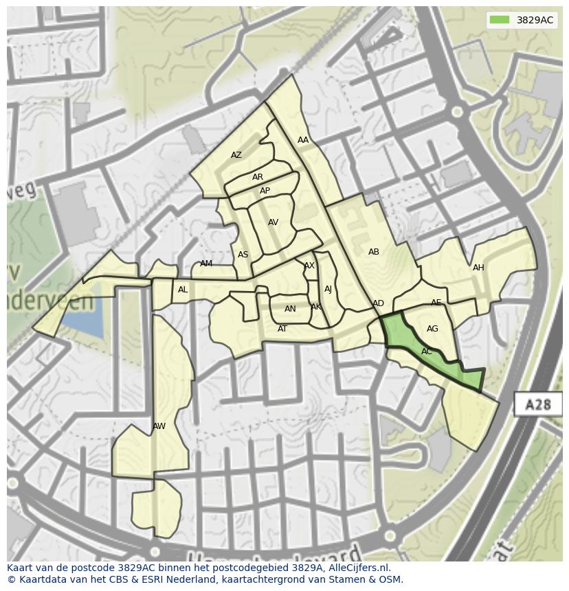 Afbeelding van het postcodegebied 3829 AC op de kaart.