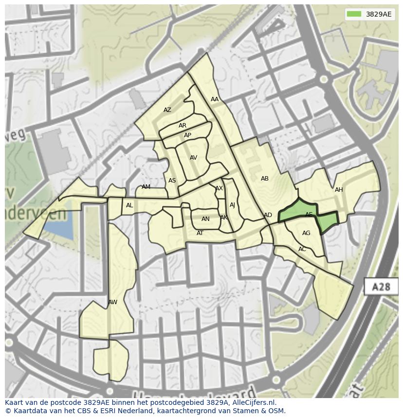 Afbeelding van het postcodegebied 3829 AE op de kaart.