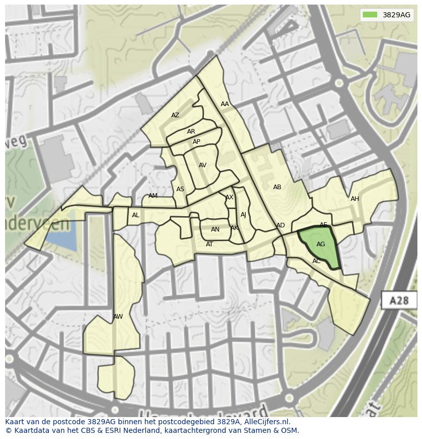 Afbeelding van het postcodegebied 3829 AG op de kaart.