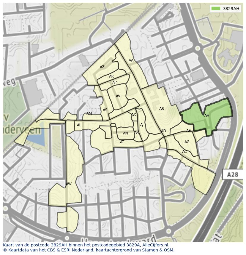 Afbeelding van het postcodegebied 3829 AH op de kaart.