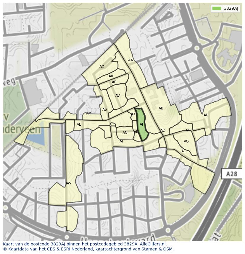 Afbeelding van het postcodegebied 3829 AJ op de kaart.