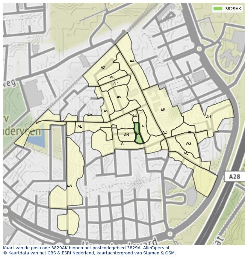 Afbeelding van het postcodegebied 3829 AK op de kaart.