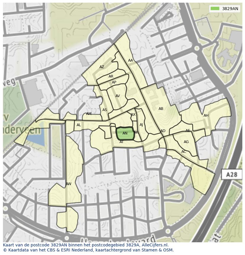 Afbeelding van het postcodegebied 3829 AN op de kaart.