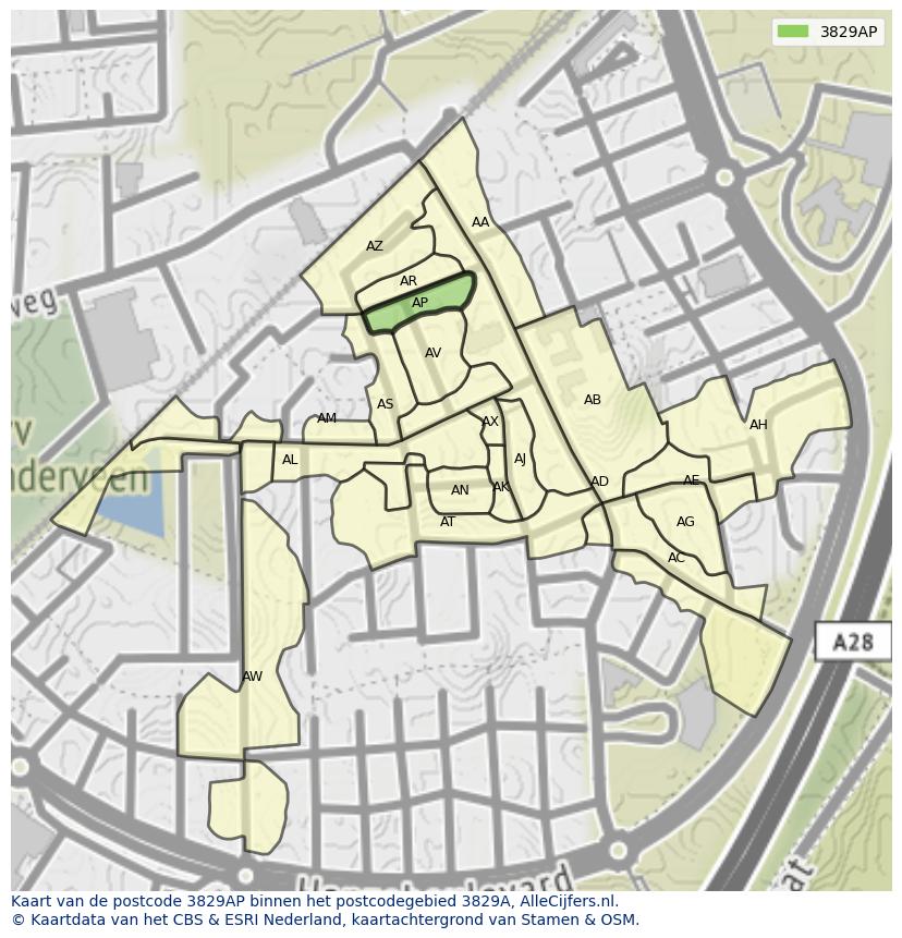 Afbeelding van het postcodegebied 3829 AP op de kaart.