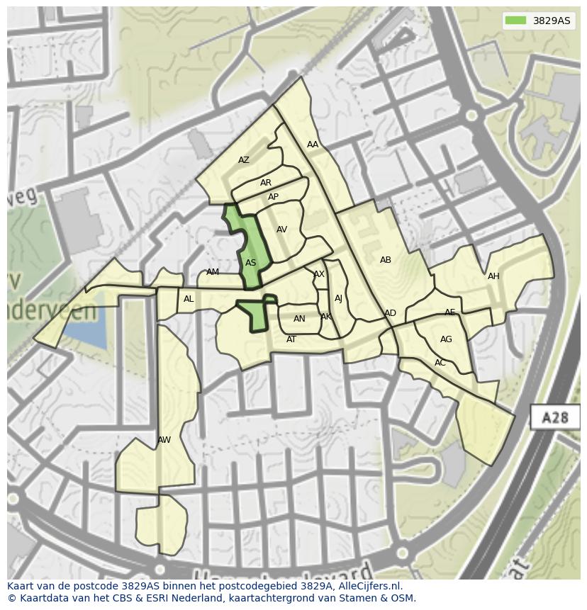 Afbeelding van het postcodegebied 3829 AS op de kaart.