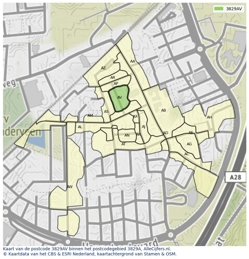 Afbeelding van het postcodegebied 3829 AV op de kaart.