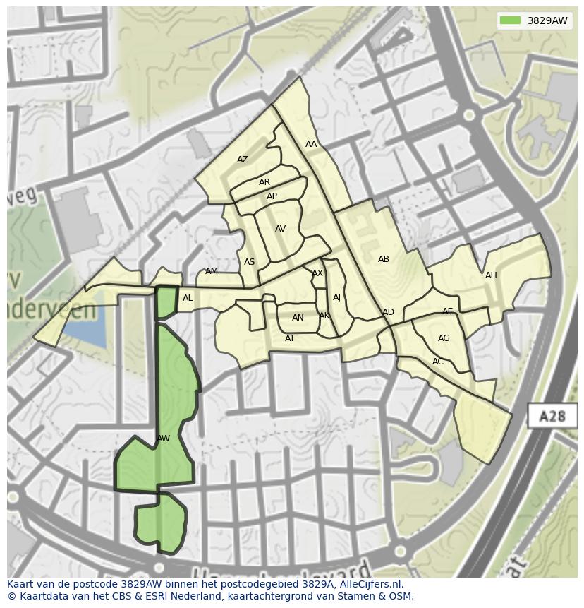 Afbeelding van het postcodegebied 3829 AW op de kaart.