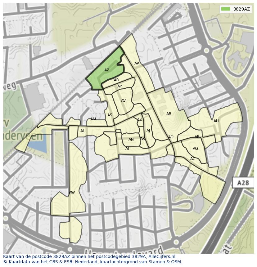Afbeelding van het postcodegebied 3829 AZ op de kaart.