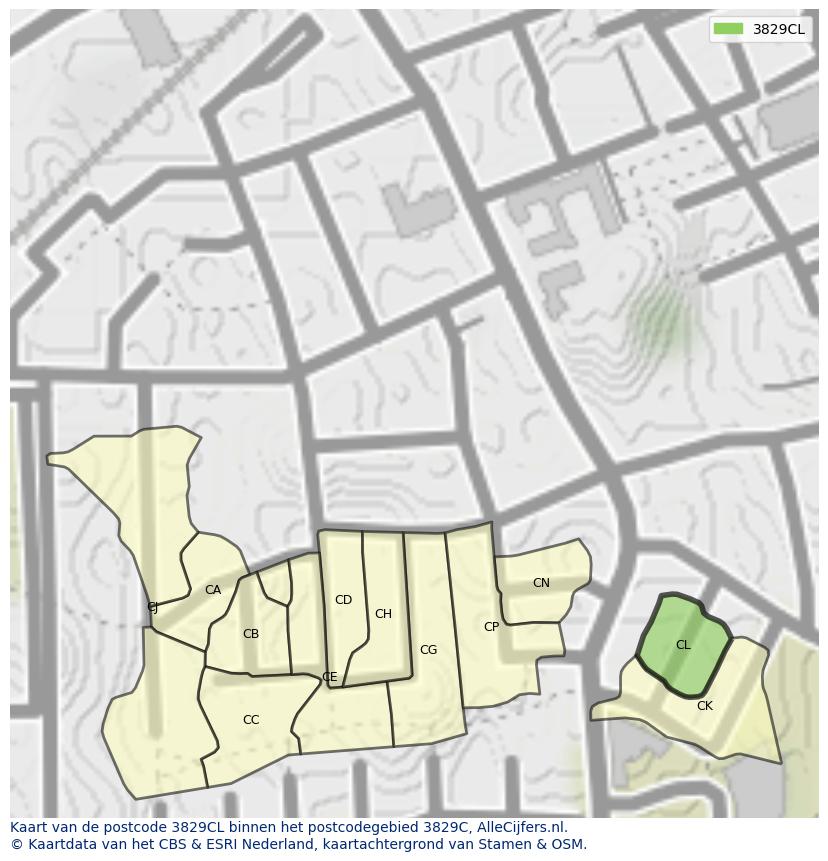 Afbeelding van het postcodegebied 3829 CL op de kaart.
