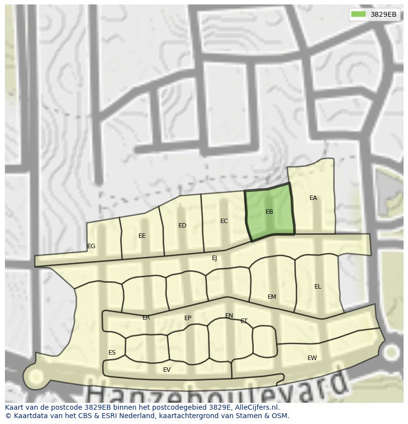Afbeelding van het postcodegebied 3829 EB op de kaart.