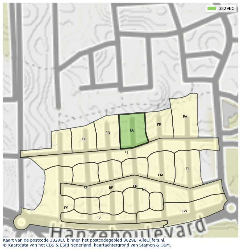 Afbeelding van het postcodegebied 3829 EC op de kaart.