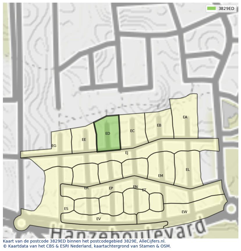 Afbeelding van het postcodegebied 3829 ED op de kaart.