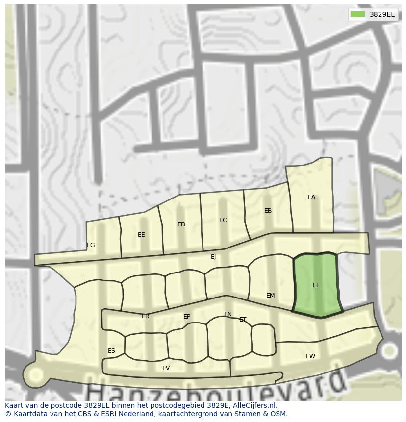 Afbeelding van het postcodegebied 3829 EL op de kaart.