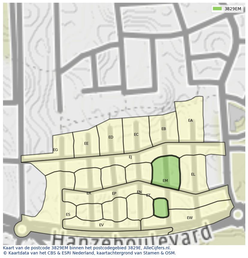 Afbeelding van het postcodegebied 3829 EM op de kaart.