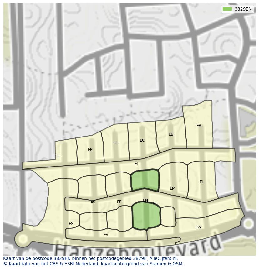 Afbeelding van het postcodegebied 3829 EN op de kaart.