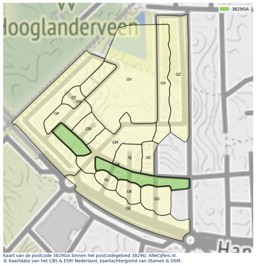 Afbeelding van het postcodegebied 3829 GA op de kaart.