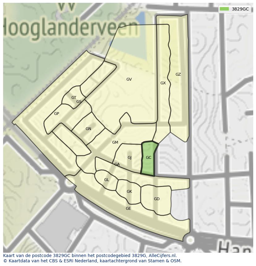 Afbeelding van het postcodegebied 3829 GC op de kaart.