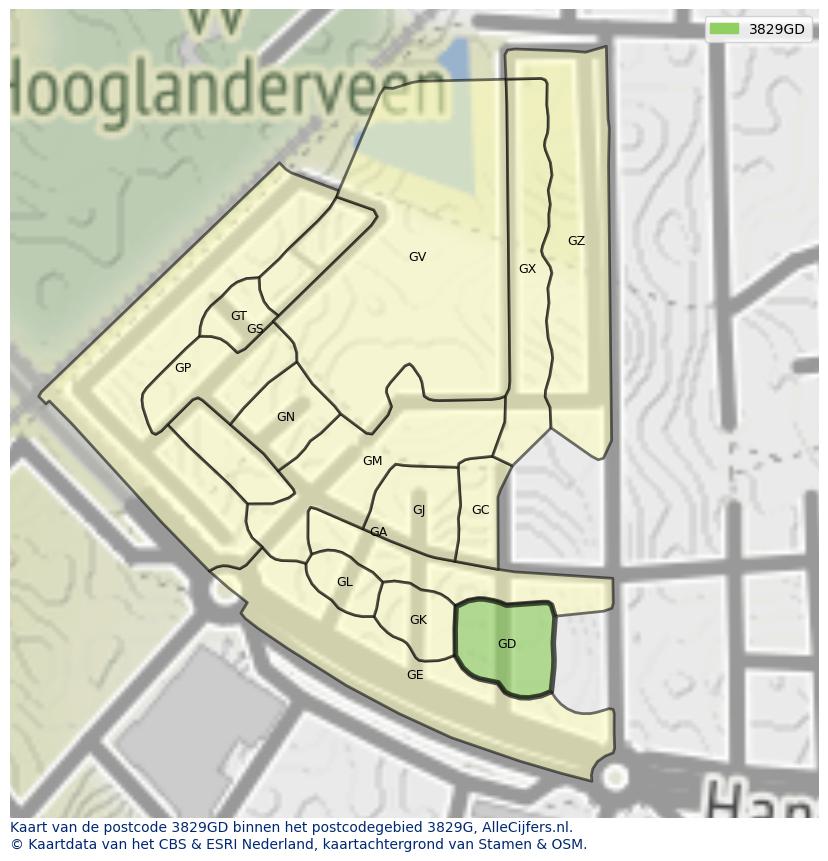 Afbeelding van het postcodegebied 3829 GD op de kaart.