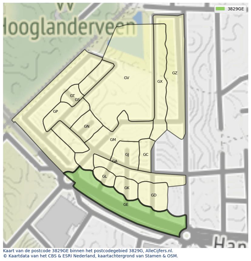 Afbeelding van het postcodegebied 3829 GE op de kaart.