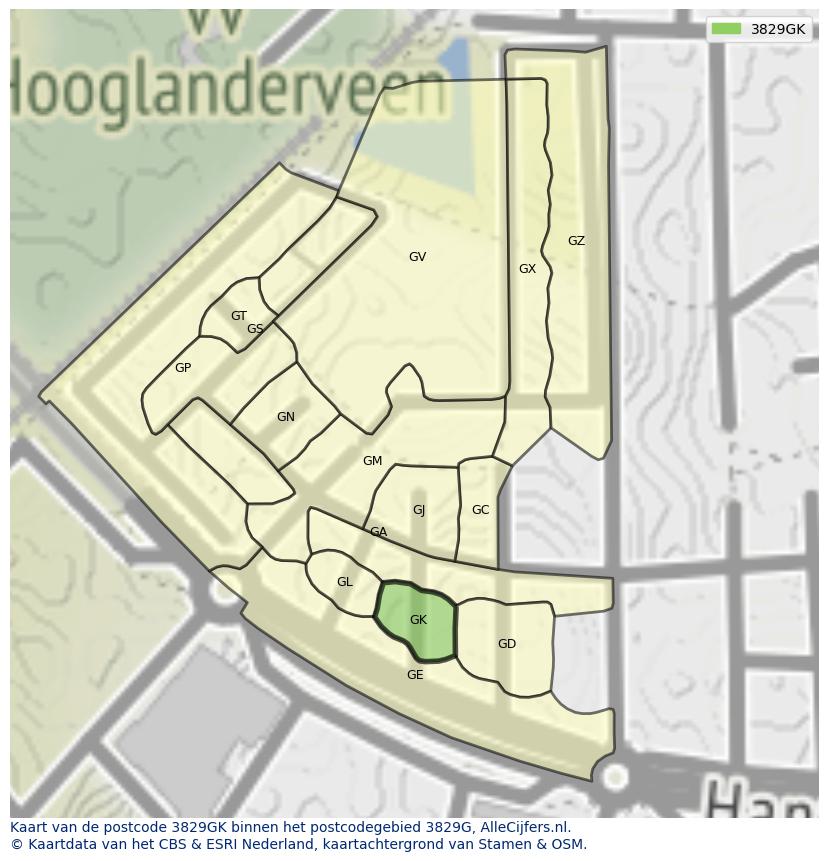 Afbeelding van het postcodegebied 3829 GK op de kaart.