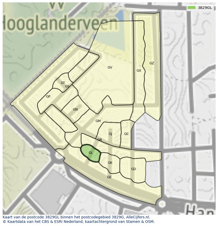 Afbeelding van het postcodegebied 3829 GL op de kaart.