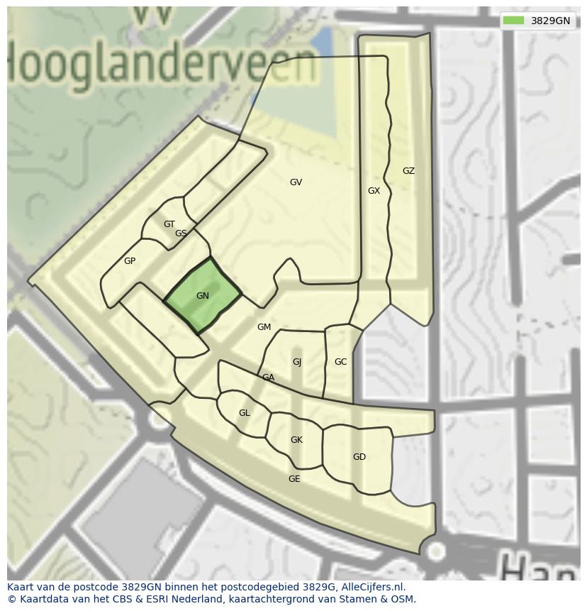 Afbeelding van het postcodegebied 3829 GN op de kaart.