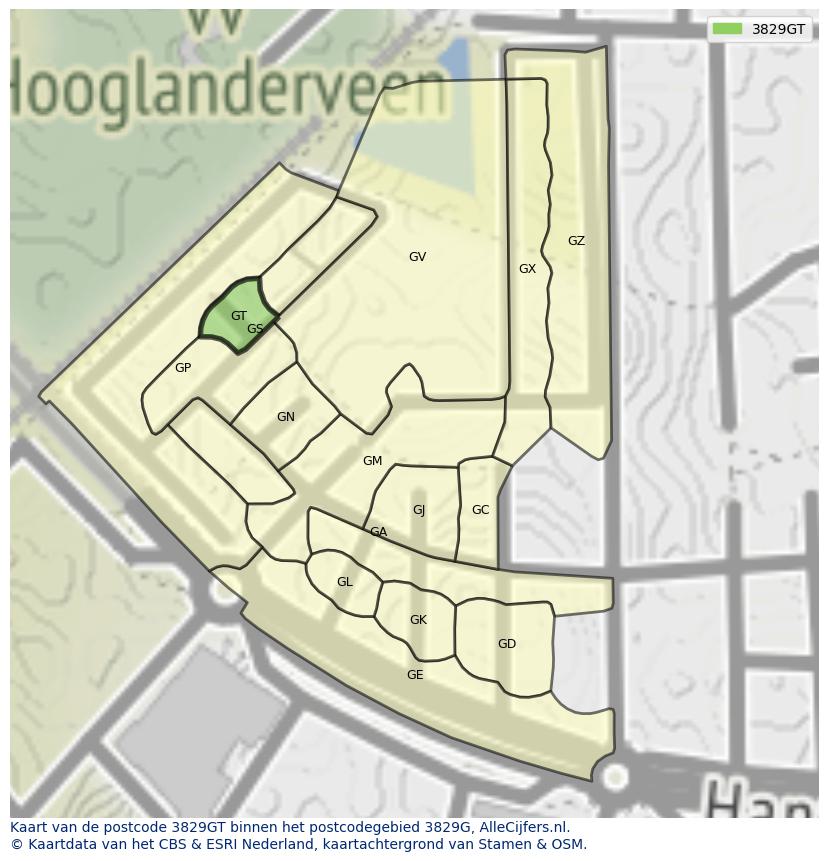 Afbeelding van het postcodegebied 3829 GT op de kaart.