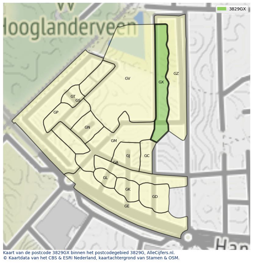 Afbeelding van het postcodegebied 3829 GX op de kaart.