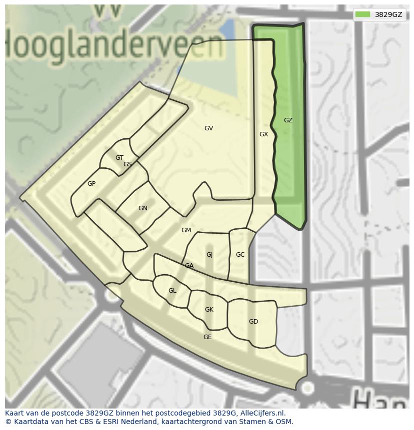 Afbeelding van het postcodegebied 3829 GZ op de kaart.