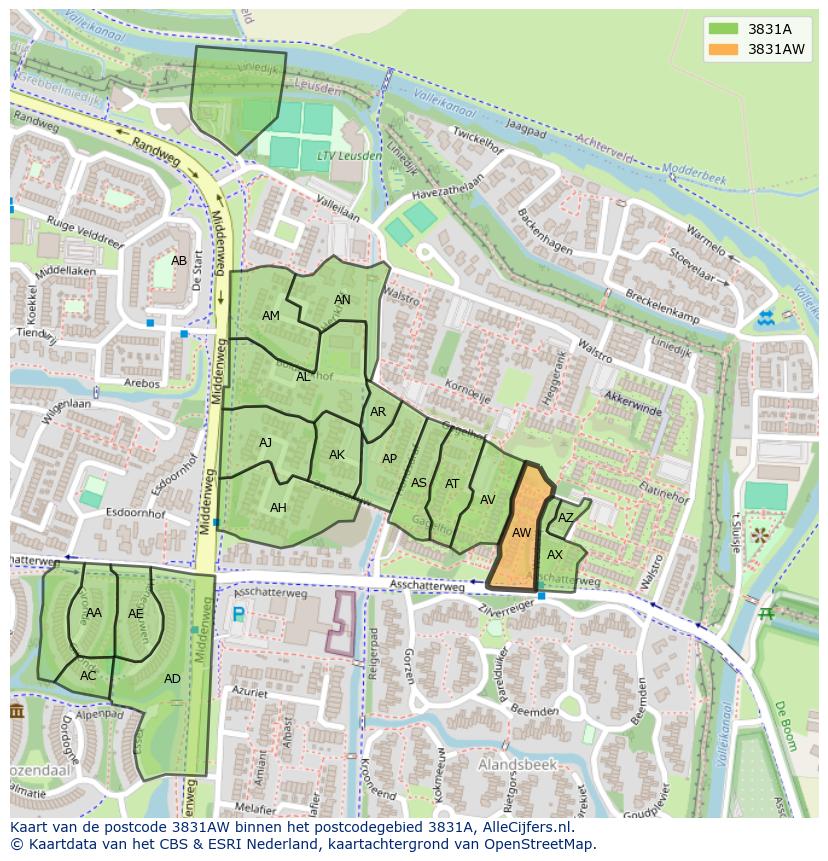 Afbeelding van het postcodegebied 3831 AW op de kaart.