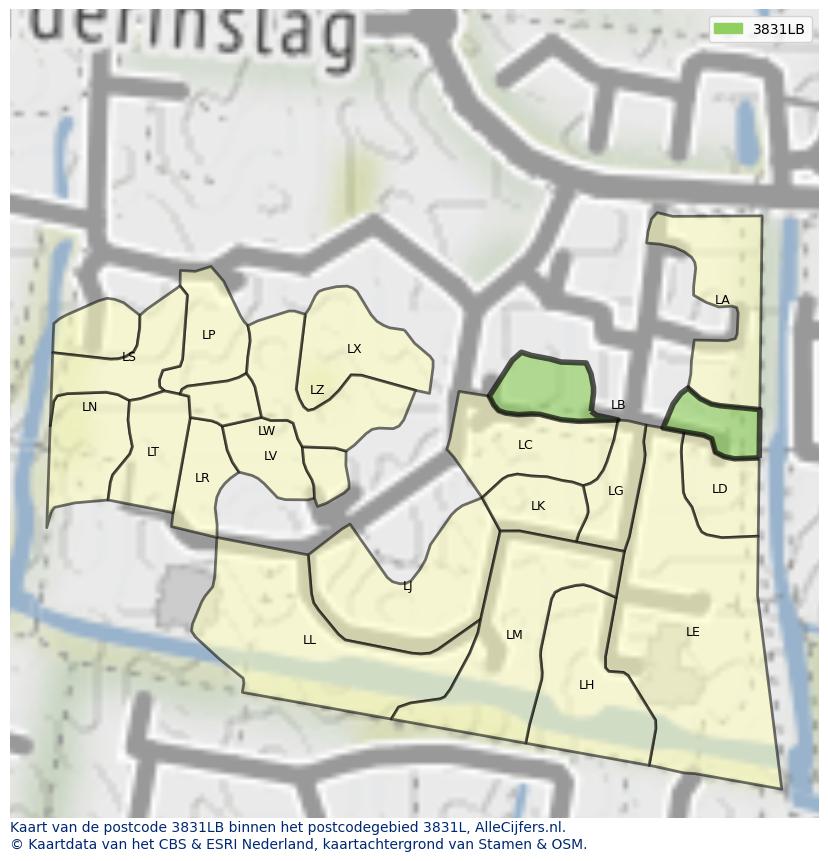 Afbeelding van het postcodegebied 3831 LB op de kaart.