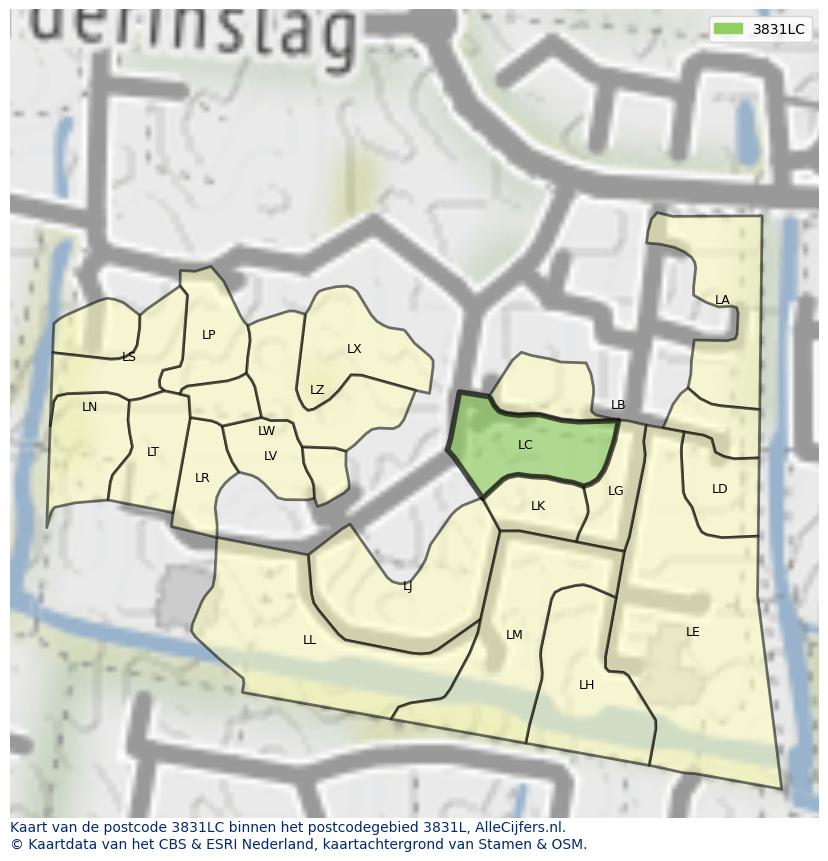 Afbeelding van het postcodegebied 3831 LC op de kaart.