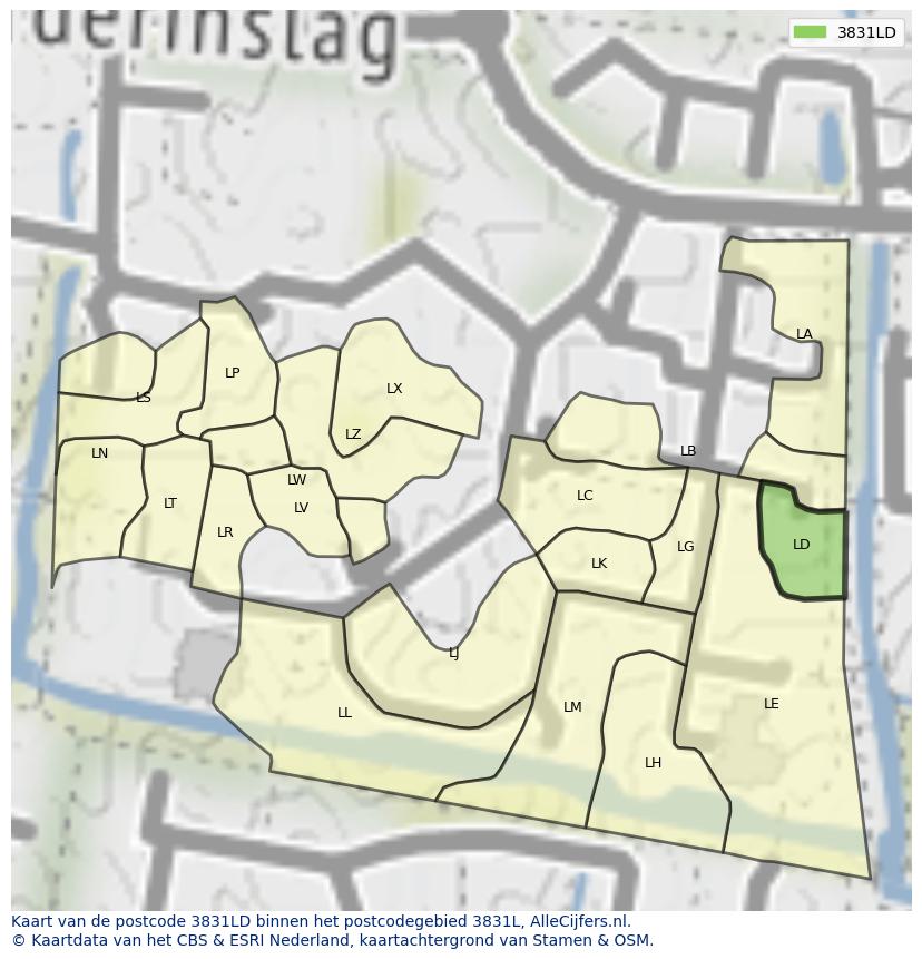 Afbeelding van het postcodegebied 3831 LD op de kaart.