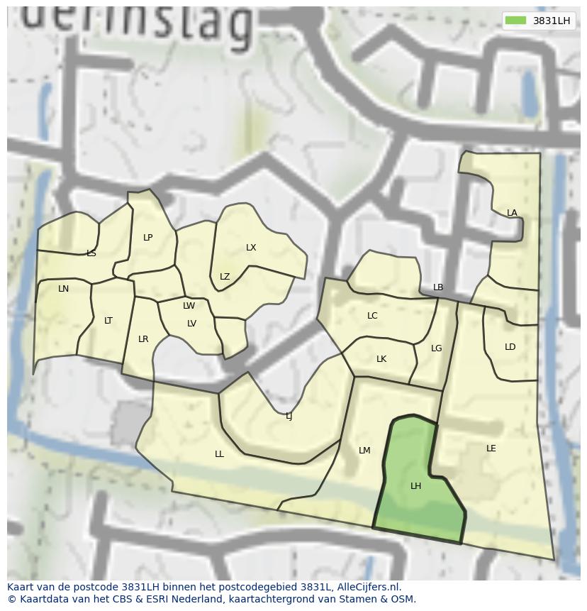 Afbeelding van het postcodegebied 3831 LH op de kaart.