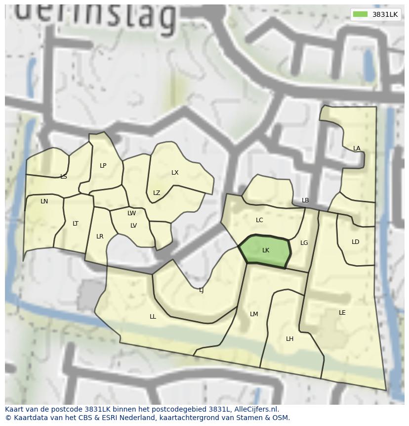 Afbeelding van het postcodegebied 3831 LK op de kaart.