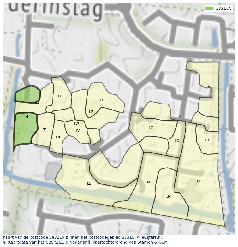 Afbeelding van het postcodegebied 3831 LN op de kaart.