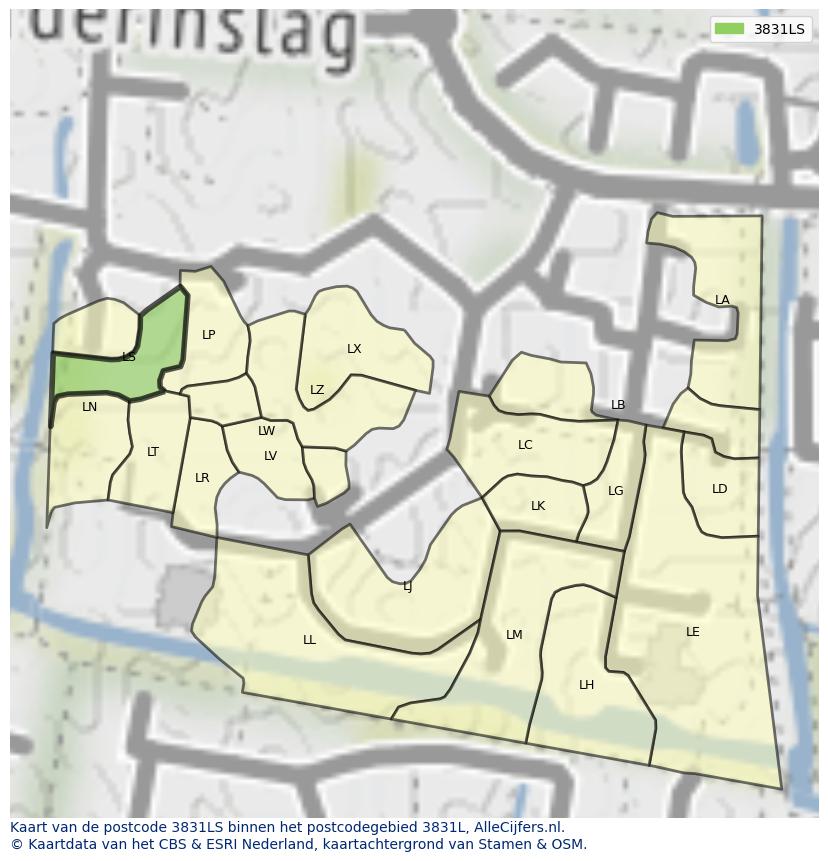Afbeelding van het postcodegebied 3831 LS op de kaart.