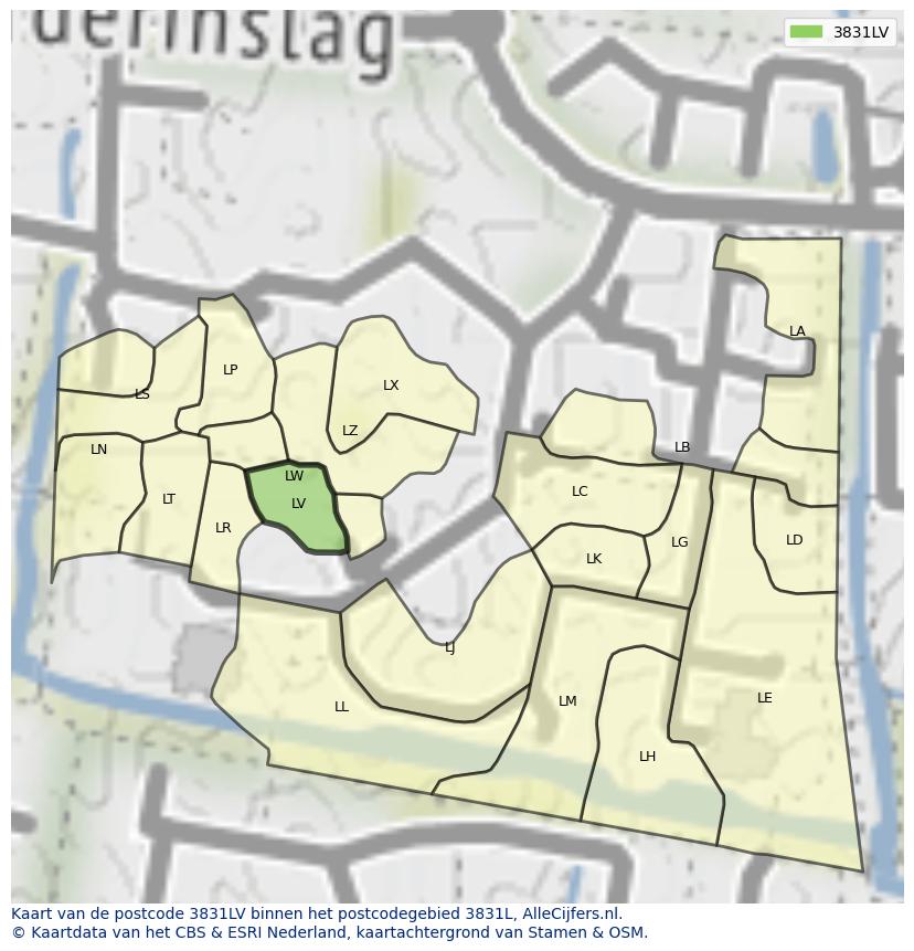 Afbeelding van het postcodegebied 3831 LV op de kaart.