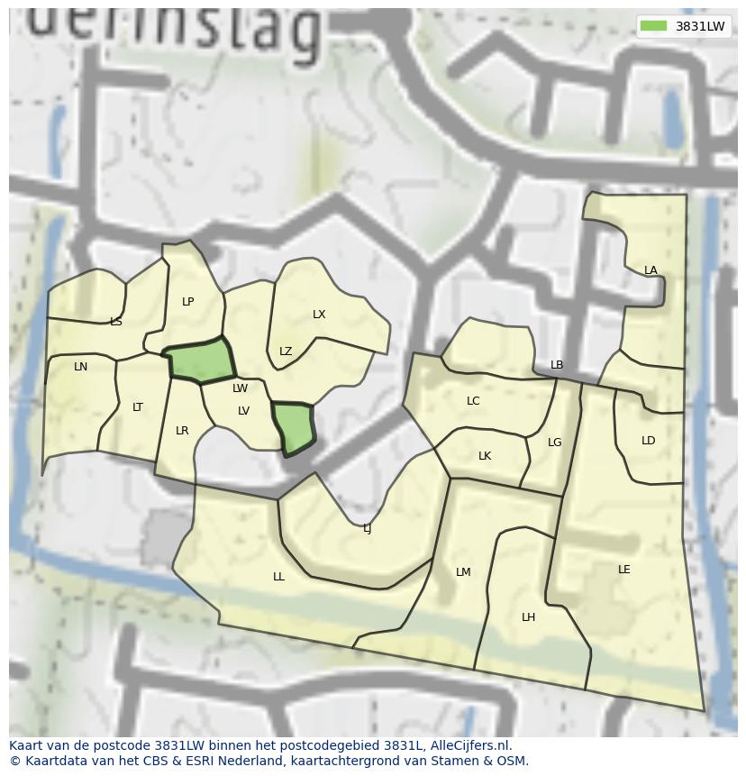Afbeelding van het postcodegebied 3831 LW op de kaart.
