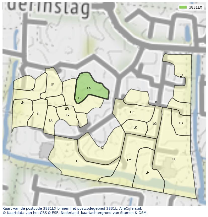 Afbeelding van het postcodegebied 3831 LX op de kaart.