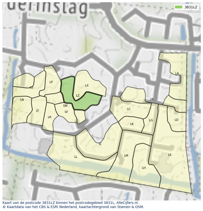 Afbeelding van het postcodegebied 3831 LZ op de kaart.