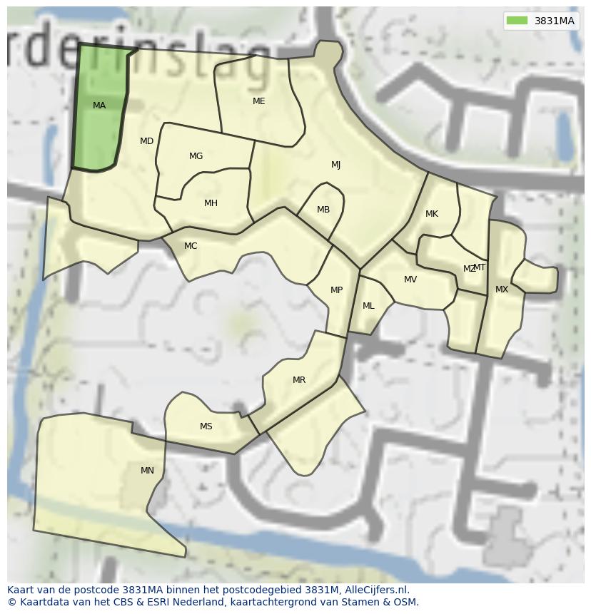 Afbeelding van het postcodegebied 3831 MA op de kaart.