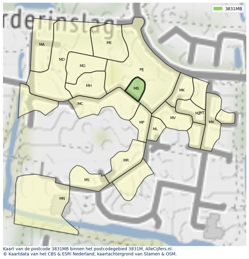 Afbeelding van het postcodegebied 3831 MB op de kaart.