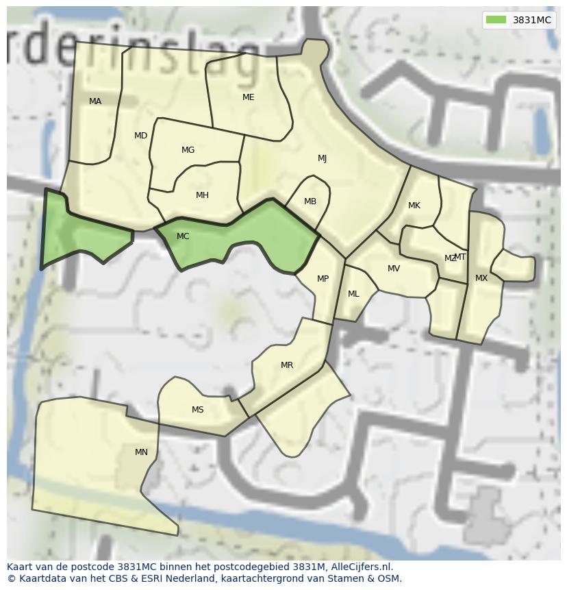Afbeelding van het postcodegebied 3831 MC op de kaart.