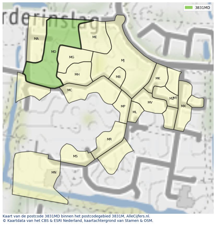 Afbeelding van het postcodegebied 3831 MD op de kaart.